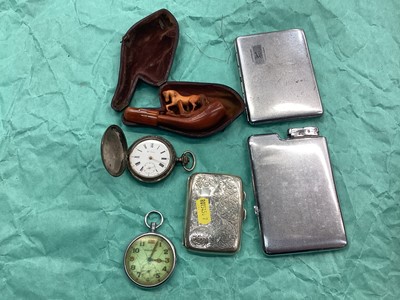 Lot 1113 - Silver cigarette case, two pocket watches, pipe and other smoking items