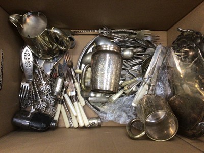 Lot 37 - Group of silver plated and other metalware and cutlery / 1940's / 50's mantle clock, tins and sundry items