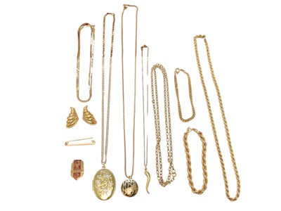 Lot 109 - Group of 9ct gold jewellery to include a locket on chain, other pendants, rope twist chains, pair of clip on earrings, bar brooch and enamelled badge
