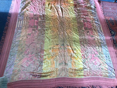 Lot 355 - Pink brocade bedspread with Middle Eastern inspired design and three fringed edges