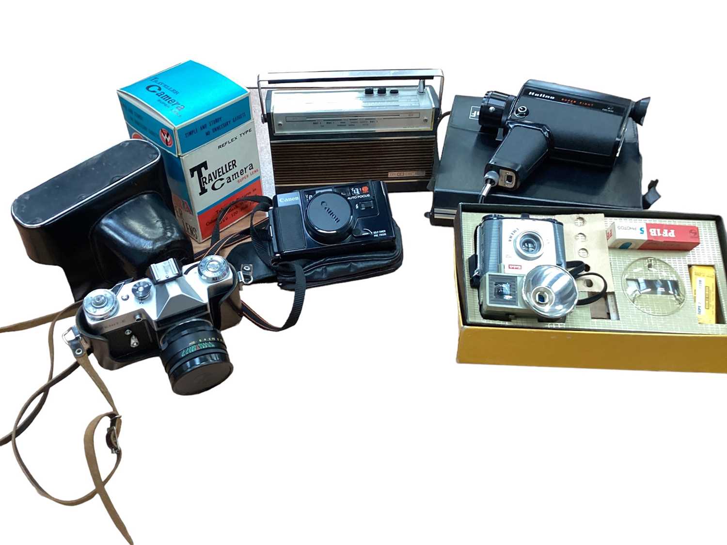 Lot 2357 - Box of cameras and accessories, including Zenit, Canon, etc