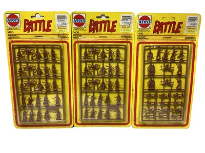 Lot 382 - A-Toys (1980's Made in Italy) Battle 1:76 Scale WWII Soldiers including British No.1400 (x3), Russian no.1403 (x2) & Japanese No.1404, on card with blister pack (6)