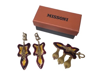 Lot 241 - Missoni designer brooch and earrings with stylized enamel orchid design, the brooch signed to the reverse