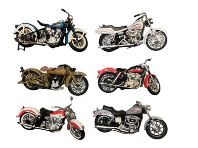 Lot 2030 - Group of Franklin Mint models of Harley Davidsons, and Danbury Mint pewter cars