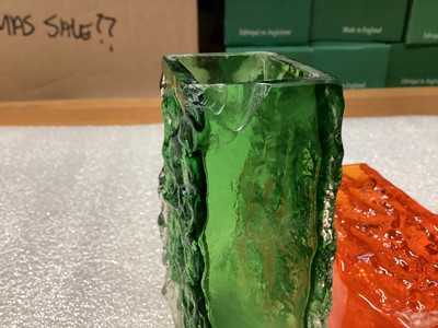 Lot 1118 - Three Whitefriars Coffin vases in Meadow green, Tangerine and Ruby, designed by Geoffrey Baxter, 13.5cm high
