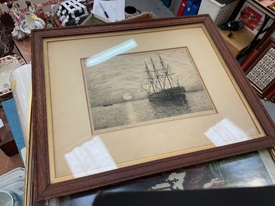 Lot 570 - Grace Wallis print of Pin Mill, a Fred Shaw etching and a tapestry picture (3).