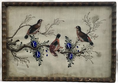 Lot 193 - Chinese School watercolour on pith paper - Exotic birds on the bough of a tree feeding on foliage, 17cm x 25cm, framed