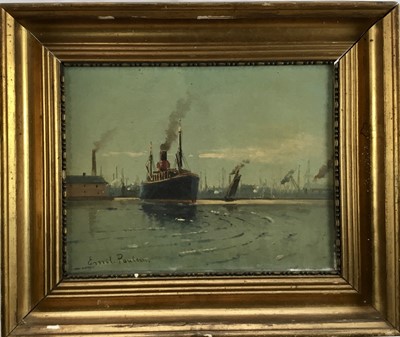 Lot 216 - Emiel Paulson oil on canvas - Dutch Harbour with shipping, signed, 25cm x 32cm, in gilt frame