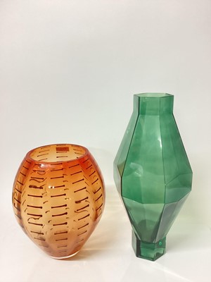 Lot 1130 - Two large coloured glass vases, largest is 43cm high, together with four others (6)