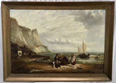 Lot 228 - Archibald Webb oil on canvas - Fisher folk, 77cm x 111cm, in gilt frame