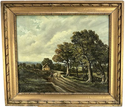 Lot 205 - Victorian-style oil on panel - figures in a rural landscape, 43cm x 51cm, in gilt frame