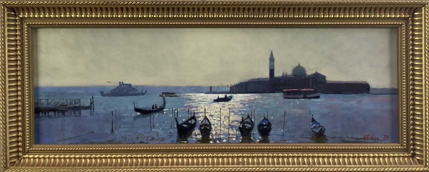 Lot 82 - P.Z. Phillips, oil on canvas - A view across the Bay of Venice with gondolas in the foreground, signed, in gilt frame. 20 x 60cm.