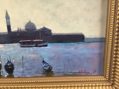 Lot 82 - P.Z. Phillips, oil on canvas - A view across the Bay of Venice with gondolas in the foreground, signed, in gilt frame. 20 x 60cm.