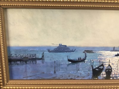 Lot 82 - P.Z. Phillips, oil on canvas - A view across the Bay of Venice with gondolas in the foreground, signed, in gilt frame. 20 x 60cm.