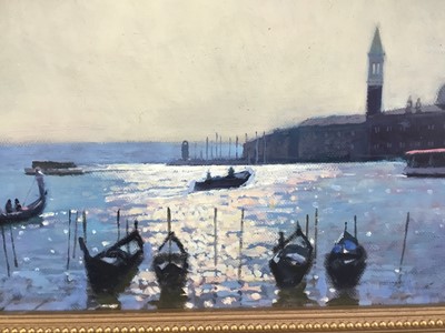 Lot 82 - P.Z. Phillips, oil on canvas - A view across the Bay of Venice with gondolas in the foreground, signed, in gilt frame. 20 x 60cm.