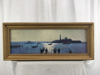 Lot 82 - P.Z. Phillips, oil on canvas - A view across the Bay of Venice with gondolas in the foreground, signed, in gilt frame. 20 x 60cm.