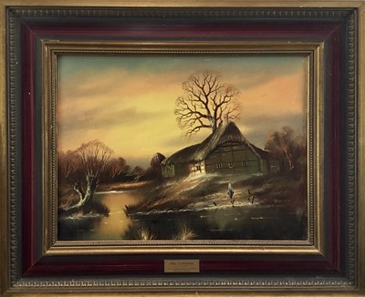 Lot 56 - Daniel Stanisic, oil on canvas - A river landscape with a figure collecting water by a cottage, signed, in gilt and painted frame. 29 x 39cm.