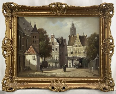Lot 64 - Dutch School 20th century, oil on canvas - A street scene with figures, indistinctly signed, in gilt frame. 28 x 38cm.