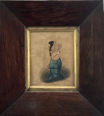 Lot 62 - Victorian School, watercolours - A silhouette of a lady, in rosewood frame. 12 x 9cm.