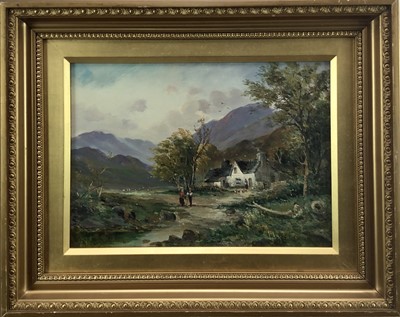 Lot 57 - English School late 19th century, oil on canvas - Figures by a stream near a farmhouse, mountains beyond, in gilt frame. 24 x 34cm.