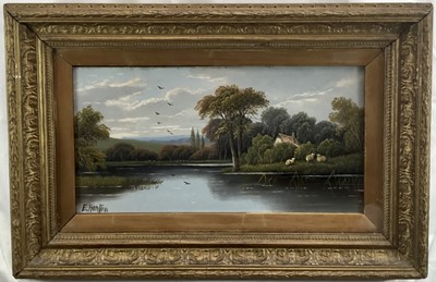 Lot 63 - Etty Horton 1835 - 1903, oil on board - A river landscape with sheep near a farmhouse in the foreground, signed, in original gilt frame. 22 x 43cm.