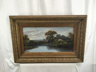 Lot 63 - Etty Horton 1835 - 1903, oil on board - A river landscape with sheep near a farmhouse in the foreground, signed, in original gilt frame. 22 x 43cm.