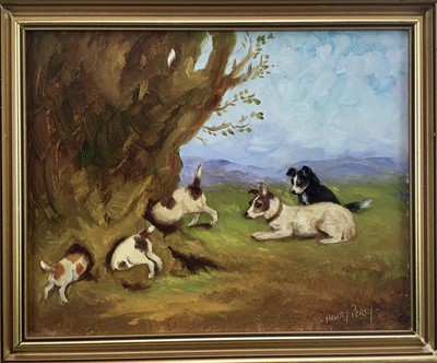 Lot 59 - Henry Percy - Terriers at rabbit holes, oil on board, signed, in gilt frame. 20 x 25cm.