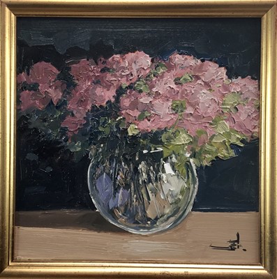 Lot 61 - Vivek Mandalia, oil on canvas - "Pink Flowers", monogrammed, also label verso, in gilt frame. 29 x 29cm.