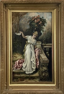 Lot 86 - K Sharman (1902), oil on canvas - an elegant lady walking down steps in an ornamental garden, signed and dated 1902, in original gilt frame. 60 x 34cm.