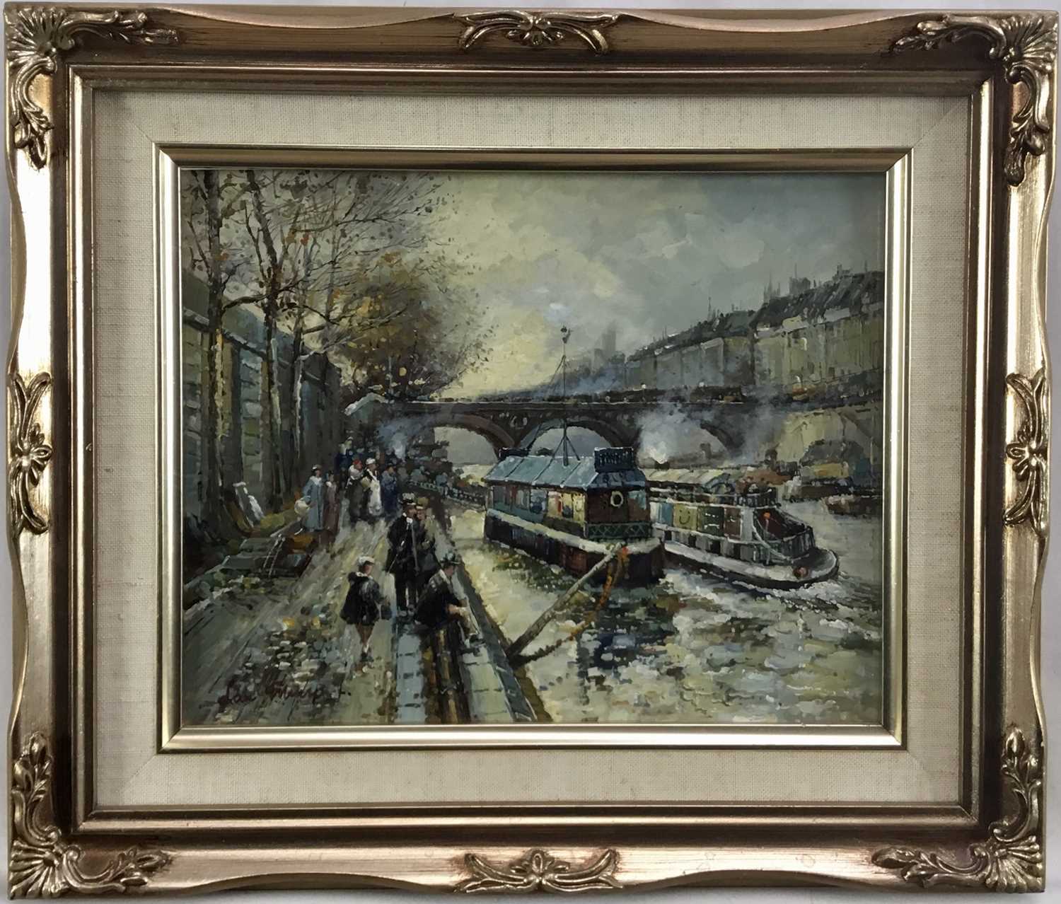 Lot 65 - Ian Munro, mid 20th century, oil on panel - a scene on a busy Manchester Ship Canal, signed, in gilt frame. 20 x 25cm.