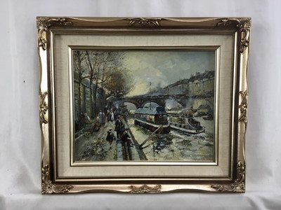 Lot 65 - Ian Munro, mid 20th century, oil on panel - a scene on a busy Manchester Ship Canal, signed, in gilt frame. 20 x 25cm.