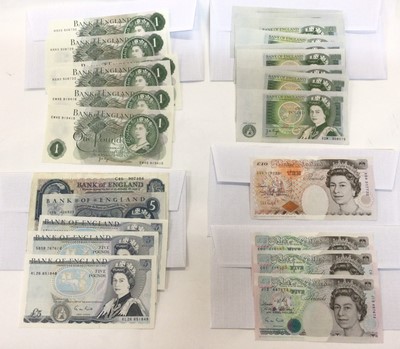Lot 400 - G.B. - Mixed banknotes to include £10 Kentfield prefix A54 A. UNC, £5's Gill prefix's C01 x 2 notes UNC (N.B. Sequential), J12 UNC, O'Brien 'Britannia Type' prefix C40 GF-AVF, Fforde prefix X95 GVF...