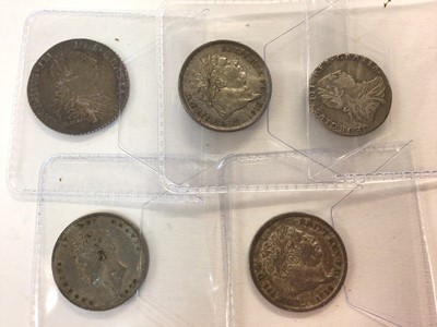 Lot 405 - G.B. - Mixed silver coin to include George III Shilling 1787 GVF, 1816 GVF, 1819 (N.B. Obv: Dig to trunction) otherwise AEF, Six Pence 1787 GF-AVF & George IV 1826 EF (5 coins)