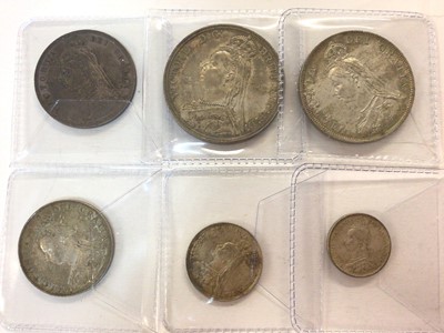 Lot 406 - G.B. Mixed Victoria JH 1887 silver coins to include Crown A. UNC, Double Florin A. UNC, Half Crown GVF, Florin EF, Shilling EF-GEF & Six Pence EF (6 coins)