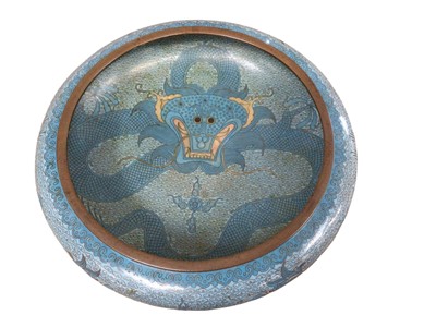 Lot 17 - Large Chinese cloisonné bowl decorated with a dragon in tones of blue, four-character mark to base