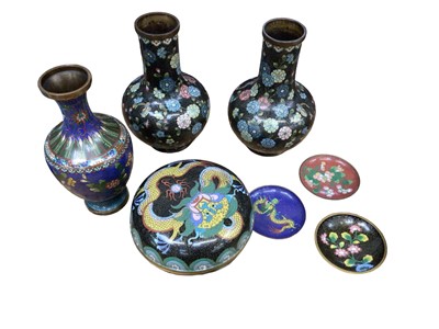 Lot 18 - Group of Chinese cloisonne, including a box and cover, vase, and three dishes