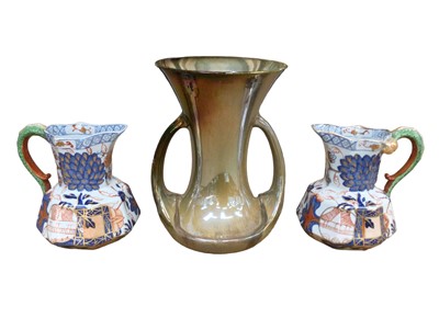 Lot 14 - Pair of 19th century Davenport jugs with serpent handles, together with an English pottery lustre vase