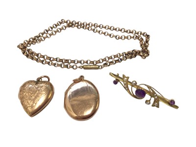 Lot 68 - Two antique 9ct rose gold locket pendants, yellow metal chain and a 9ct gold gem set and seed pearl bar brooch