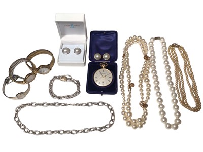 Lot 25 - Contemporary silver chain necklace and bracelet, two pairs of 9ct gold mounted mabé pearl earrings, other simulated pearl necklaces, one with 9ct gold clasp, three ladies wristwatches and a gold pl...