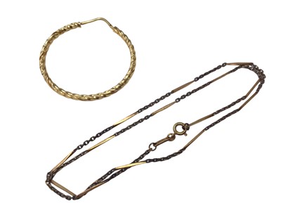 Lot 98 - One gold hoop earring stamped 14K and a bar link chain necklace stamped K14 and 585 (2)