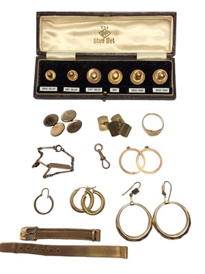Lot 105 - Six 9ct gold studs in a fitted case, two pairs 9ct gold cufflinks, 9ct gold hoop earrings, 9ct rose gold identity bracelet, 9ct rose gold clasp, two 9ct gold pendant mounts and a yellow metal watch...