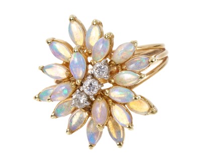 Lot 491 - Opal and diamond cluster cocktail ring in 14ct gold setting