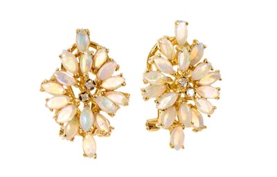 Lot 492 - Pair of opal and diamond cluster earrings