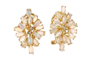 Lot 492 - Pair of opal and diamond cluster earrings