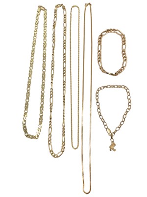 Lot 120 - Four 9ct gold chains and two 9ct gold chain bracelets, one with a 9ct gold teddy bear charm