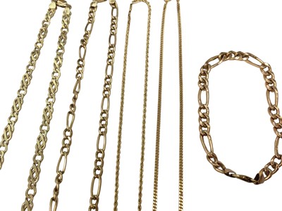 Lot 120 - Four 9ct gold chains and two 9ct gold chain bracelets, one with a 9ct gold teddy bear charm
