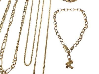 Lot 120 - Four 9ct gold chains and two 9ct gold chain bracelets, one with a 9ct gold teddy bear charm
