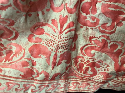 Lot 2051 - Designer Fortuny (1871-1949) vintage early/mid 20th century Fortuny Italian curtains, red and cream lined and interlined printed cotton in classical 'Corone' pattern. Forutny was renowned for his...
