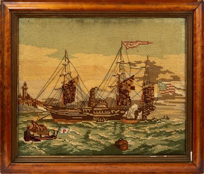 Lot 752 - 19th century woolwork picture of an American steamship, in glazed maple veneered frame