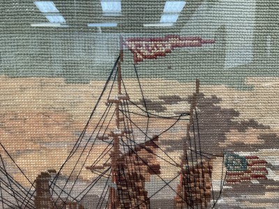 Lot 296 - 19th century woolwork picture of an American steamship, in glazed maple veneered frame